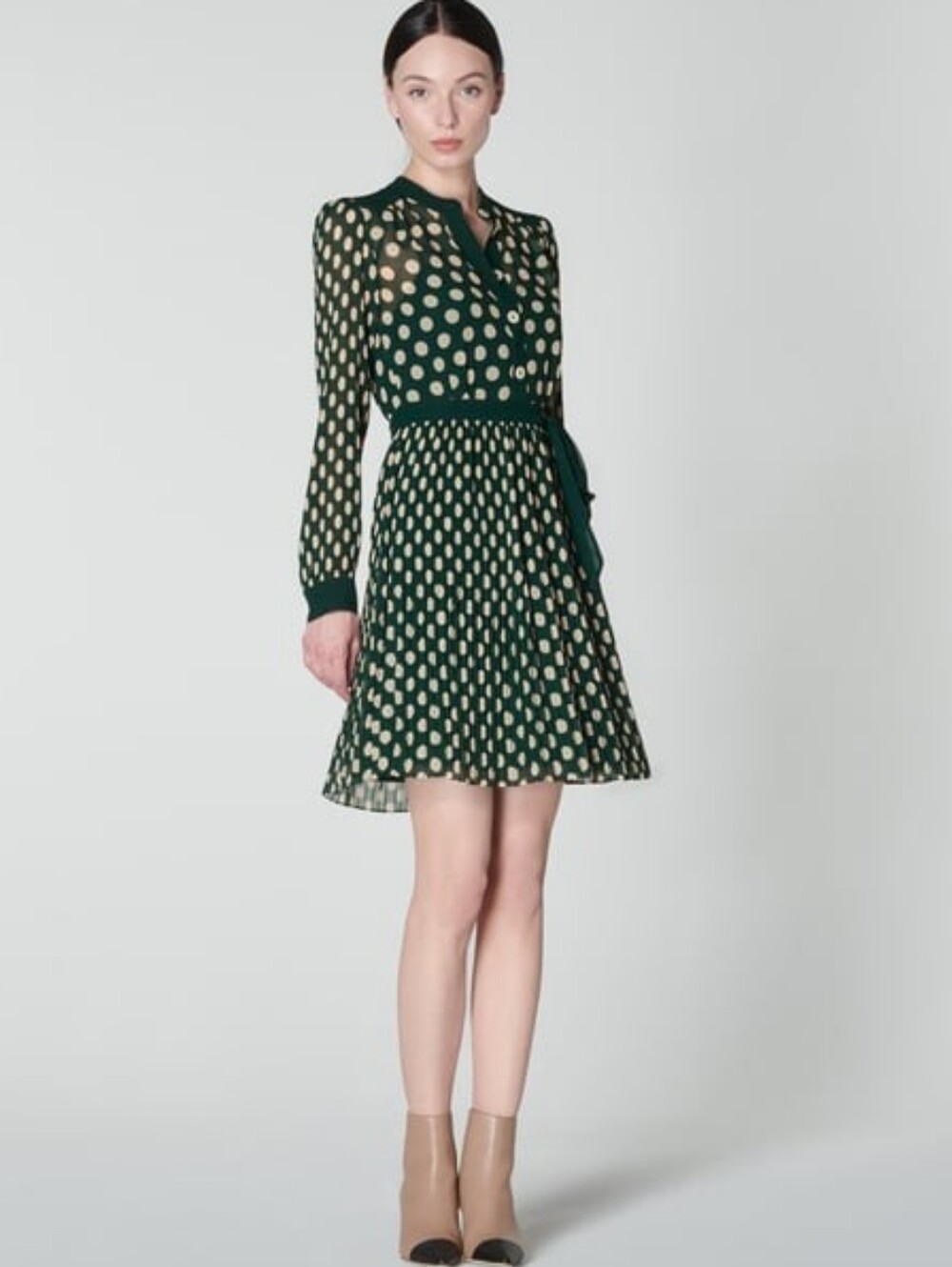 LK Bennett Cora Green And Cream Spotted Pleated Dress - Picture 4 of 16